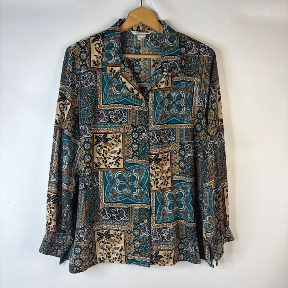 Allison Daley Button Down Shirt Womens 18 Teal Patchwork Paisley Vintage 90s